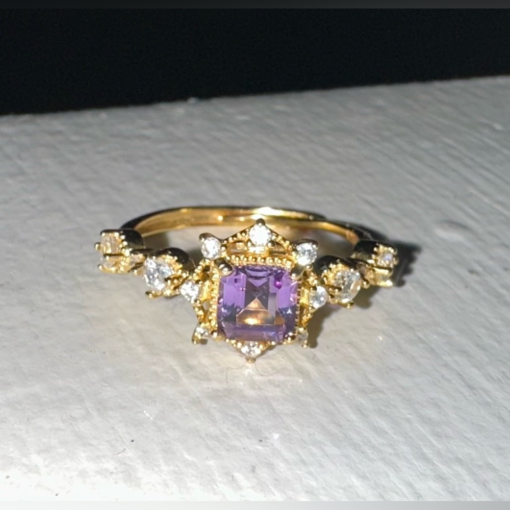 Adjustable Gold Ring with Authentic Amethyst Stone